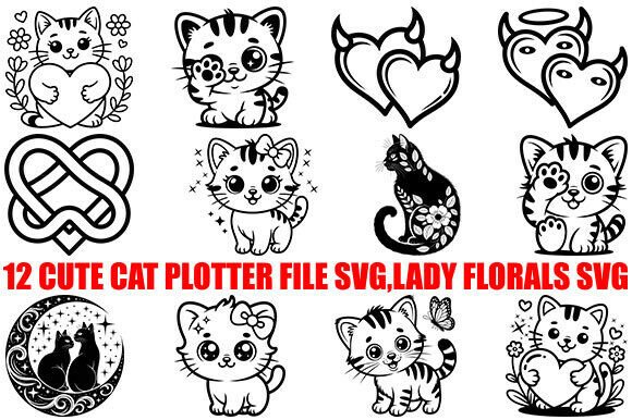 12Cute Cat Plotter File SVG, Lady Florals