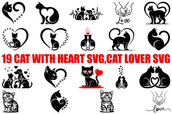 19 Cat with Heart SVG, Cat Lover Svg