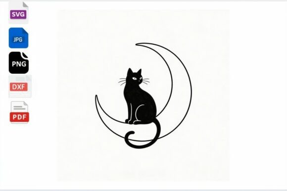 Black Cat on Crescent Moon SVG PNG DXF