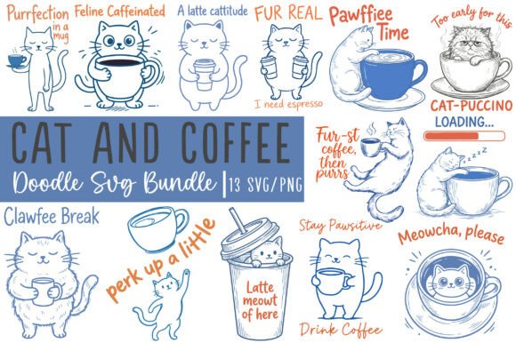 Cat and Coffee Doodle SVG Bundle