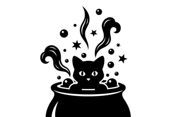 Cute Black Cat in Cauldron Halloween SVG