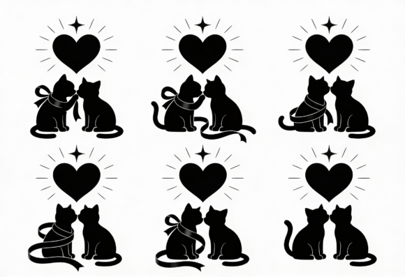 Cute Cat Couple Heart Silhouette SVG