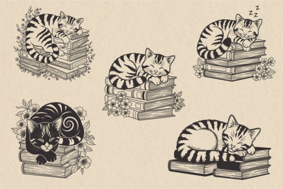 Cute Sleeping Cat on Books SVG Bundle