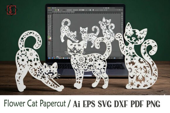 Flower Cat Papercut 3 Poses SVG
