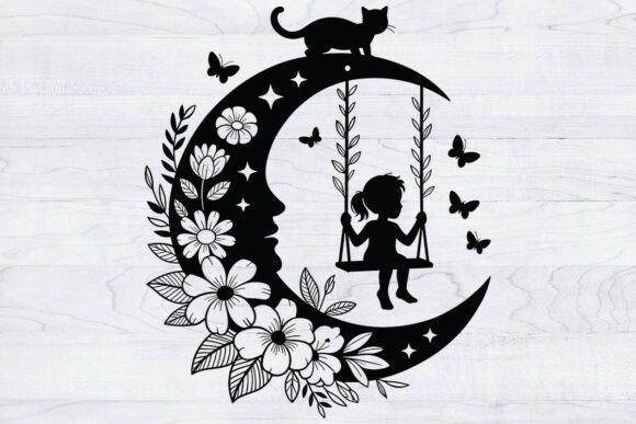 Moon Kitten Floral SVG, Cat on Swing