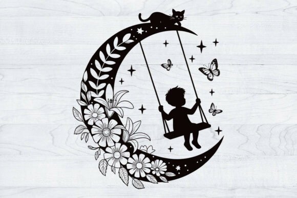 Moon Kitten Floral SVG, Cat on Swing DXF