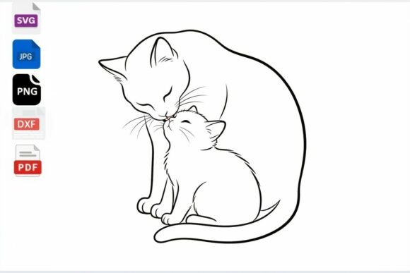 Mother and Kitten Cat Line Art SVG
