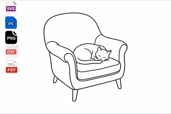Sleeping Cat on Armchair Line Art SVG