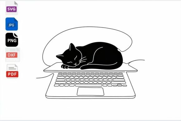 Sleeping Cat on Laptop Line Art SVG