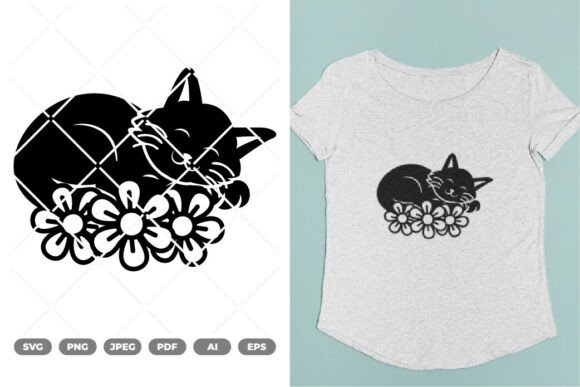 Sleeping Cat with Flowers SVG Clipart