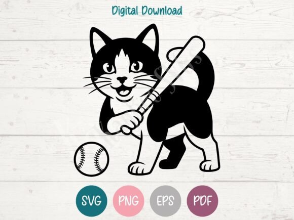 Tuxedo Cat Playing Softball SVG PNG EPS