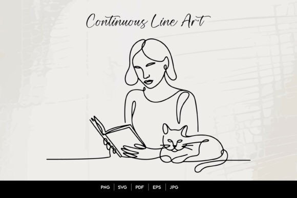 Woman Reading Cat Line Art SVG